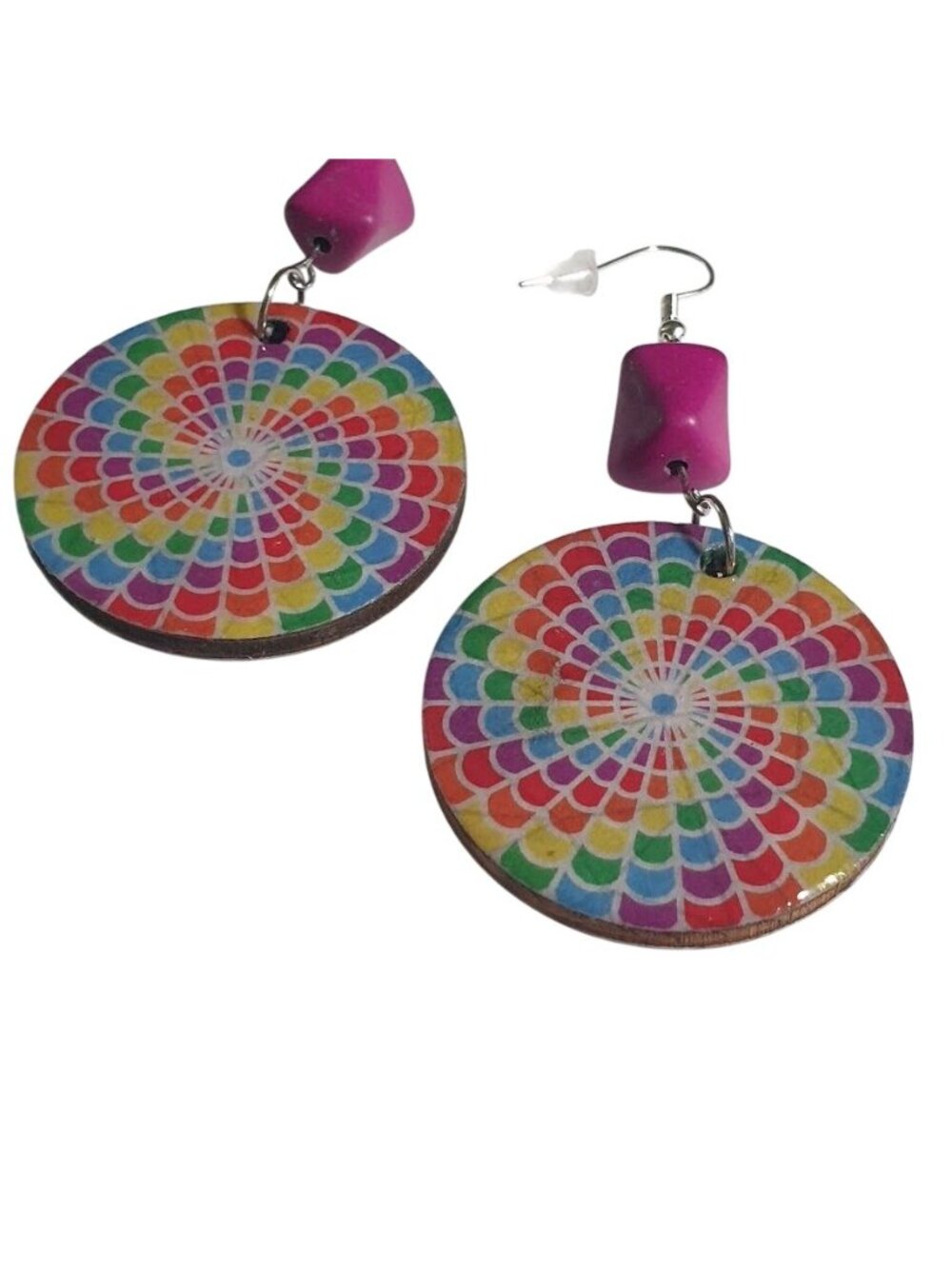 Rainbow Mandala Dangle Earrings Boho Colorful Round Polka Dot Back Purple Lightw - Picture 4 of 6